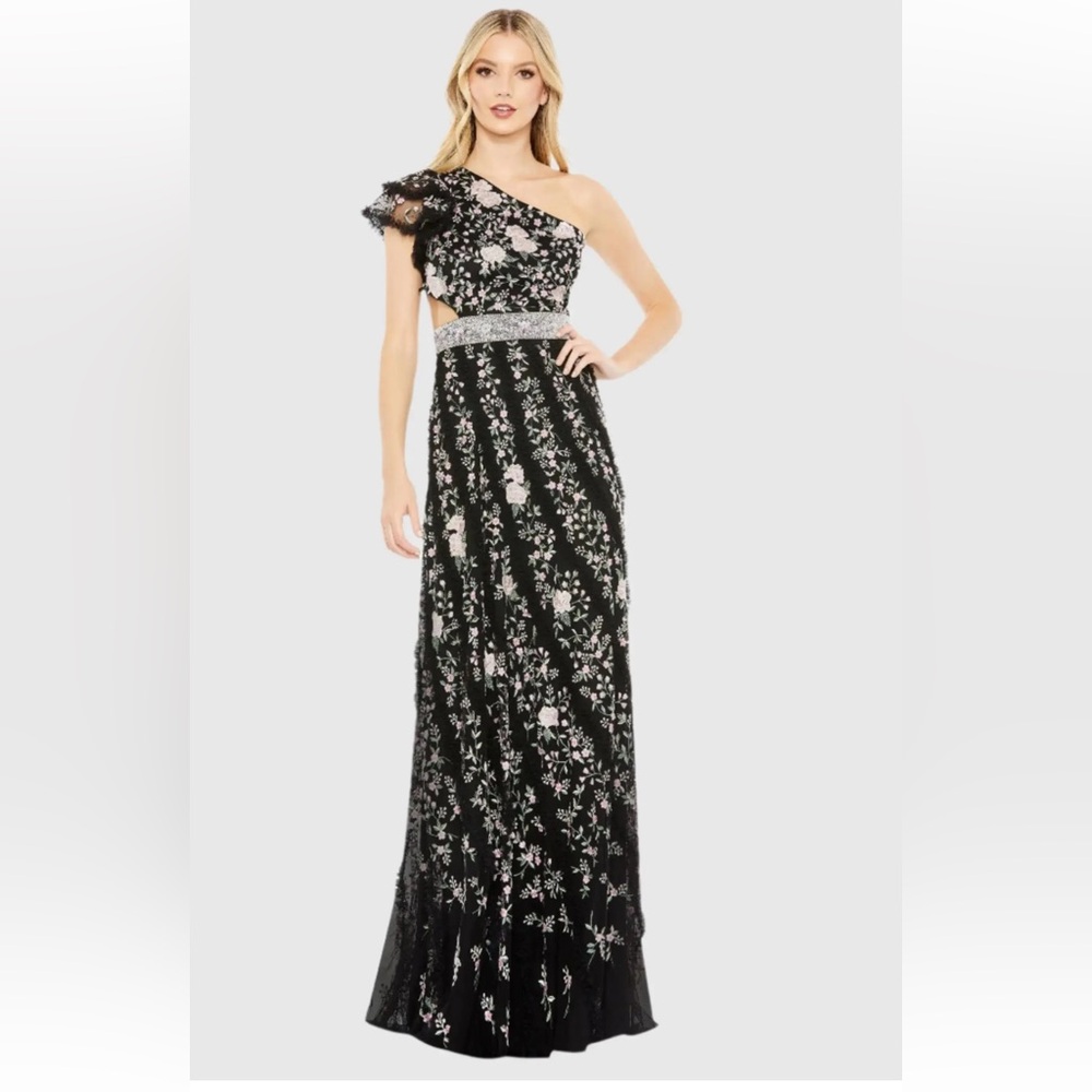 NWT Mac Duggal 70160 Black FLORAl GOWN One Shoulder size 6